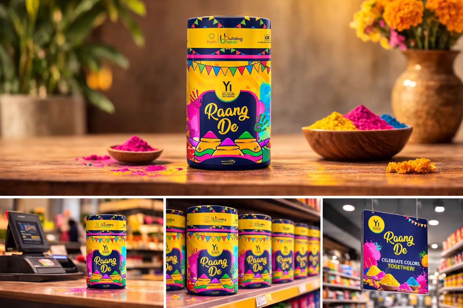 A colorful "Raang De" brand canister for Holi festival colors, displayed on a wooden table with bowls of pink and yellow gulal, along with in-store retail mockups.