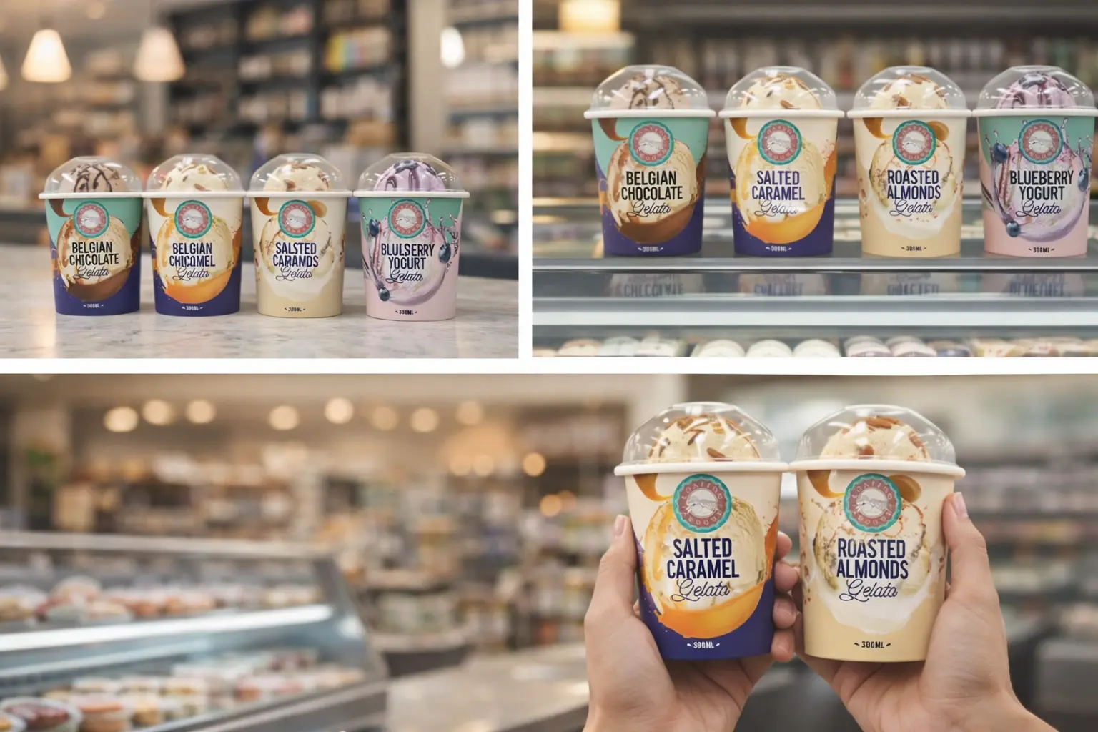 A three-panel collage of Coated Toppings Gelato cups in Belgian Chocolate, Salted Caramel, Roasted Almonds, and Blueberry Yogurt flavors, shown on a marble counter and in a retail shop.