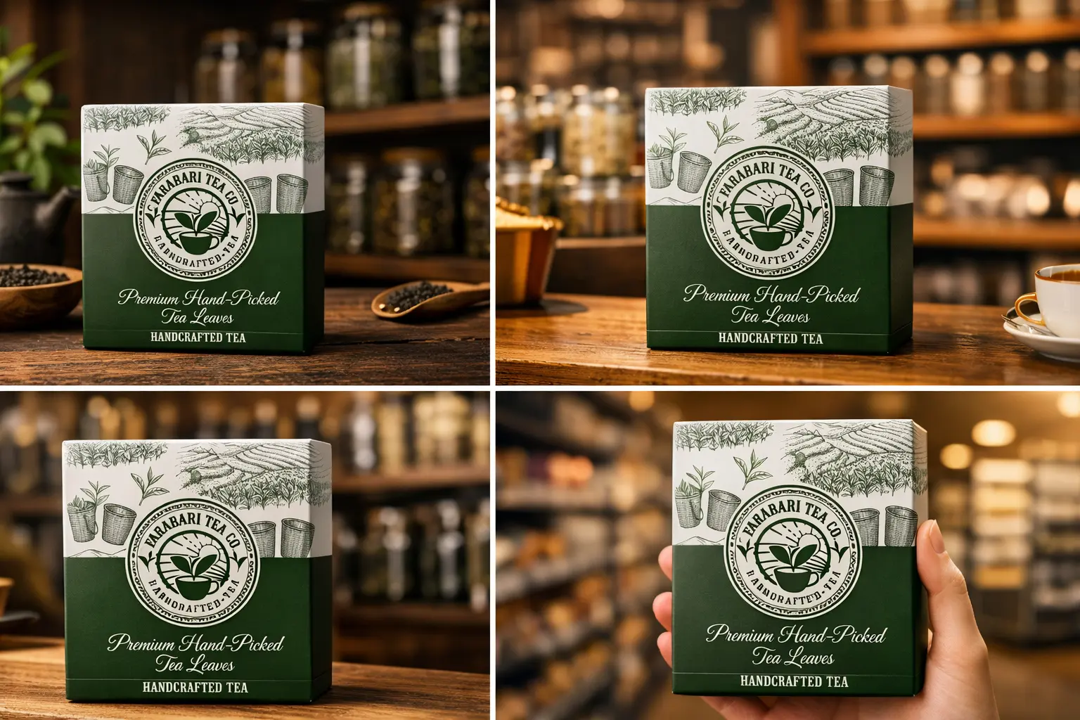 A four-panel image series showing Farabari Tea Co. "Premium Hand-Picked Tea Leaves" packaging in various settings, including on a wooden counter, in a tea shop, and being held by hand.