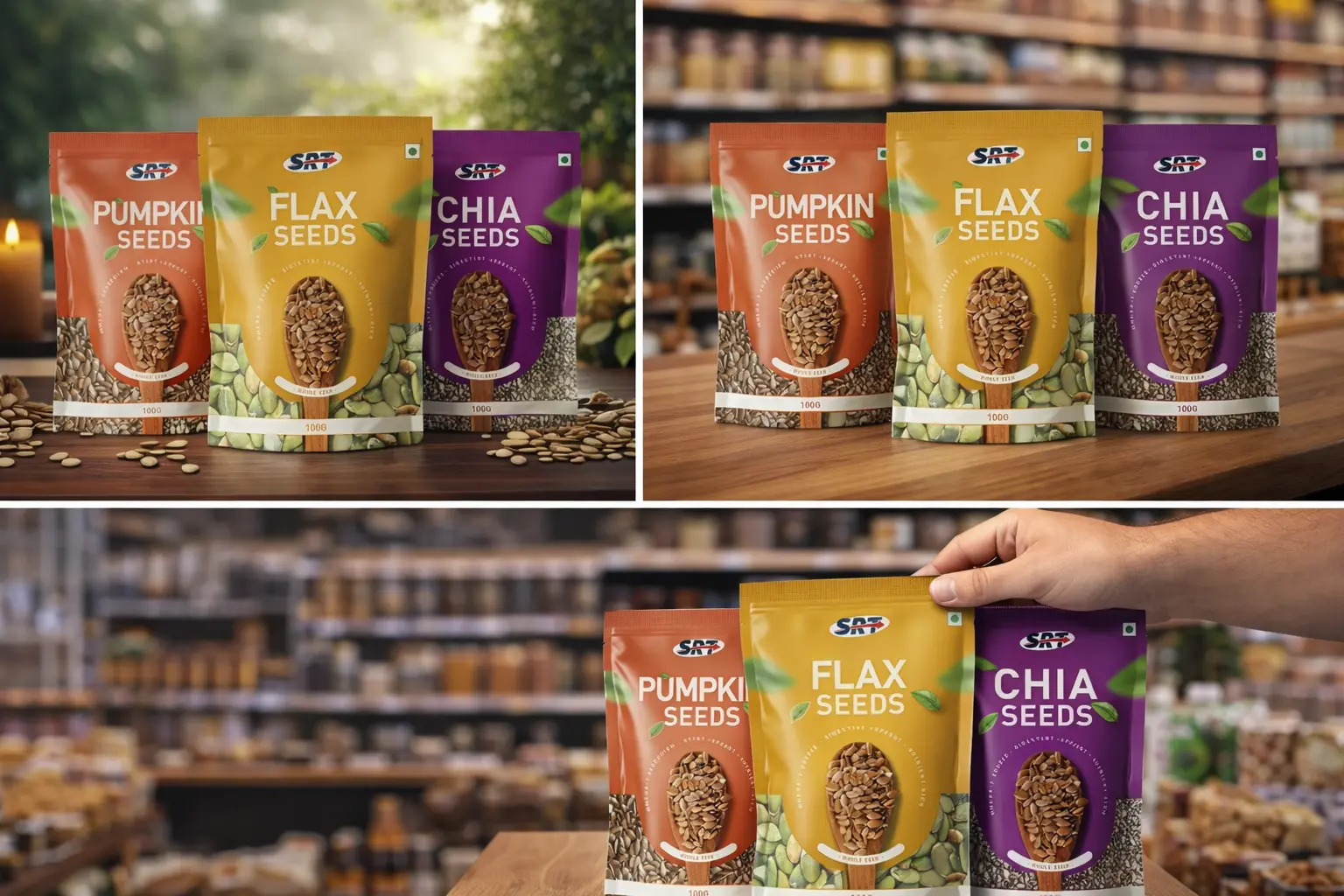 A three-panel collage showcasing SAT brand Pumpkin Seeds, Flax Seeds, and Chia Seeds in orange, yellow, and purple stand-up pouches, displayed in lifestyle and retail settings.