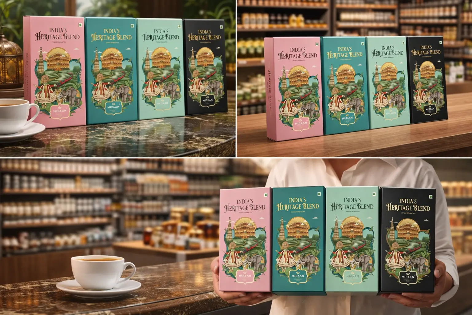 four-panel collage showcasing Farabari Tea Co. "Premium Hand-Picked Tea Leaves" packaging in a dark green and white box, featuring illustrations of tea gardens and wicker baskets.