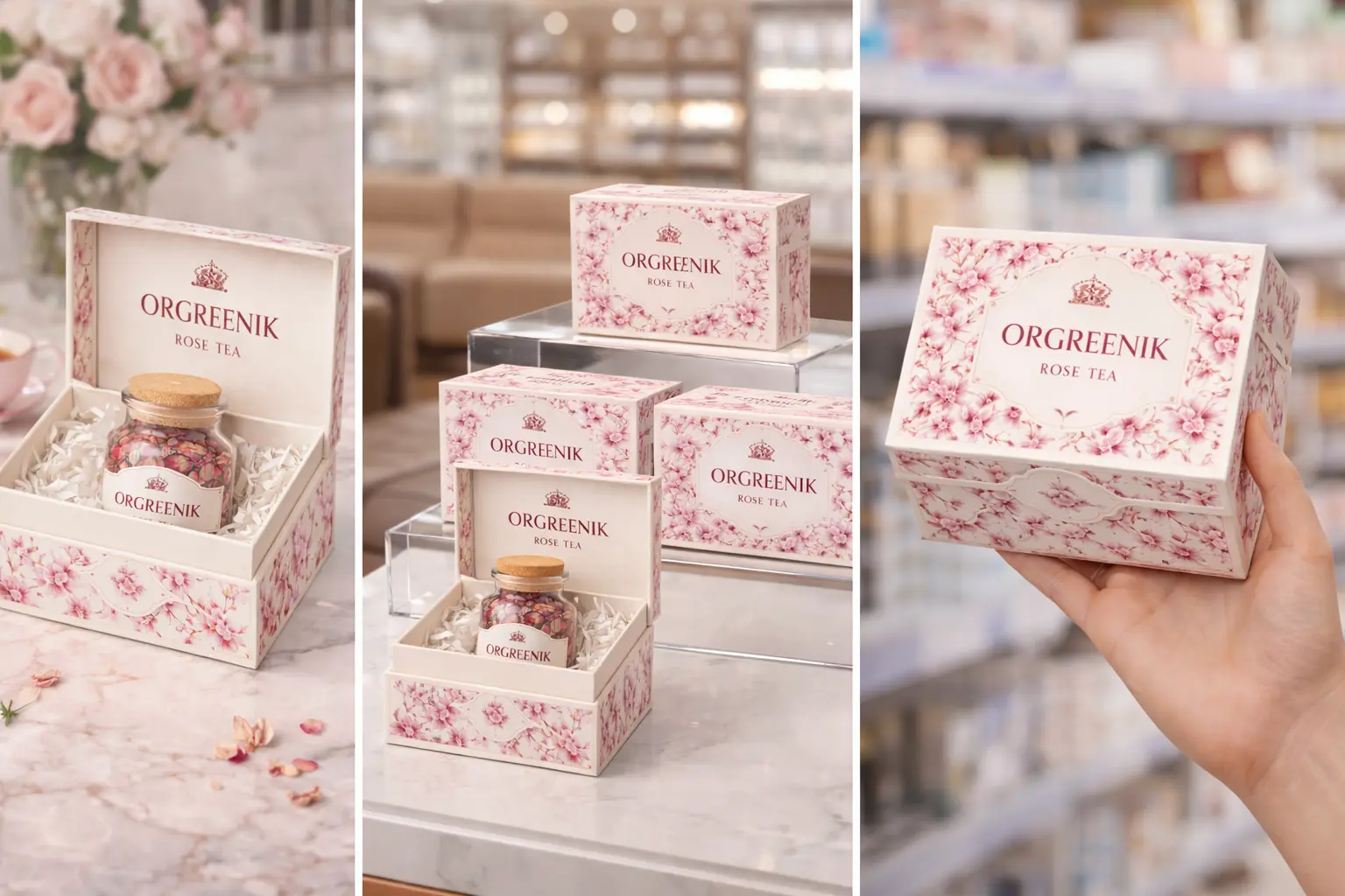 A three-panel display of Orgreenik Rose Tea packaging, featuring cream-colored boxes with pink floral patterns, containing glass jars of dried rosebuds nestled in white shredded paper.