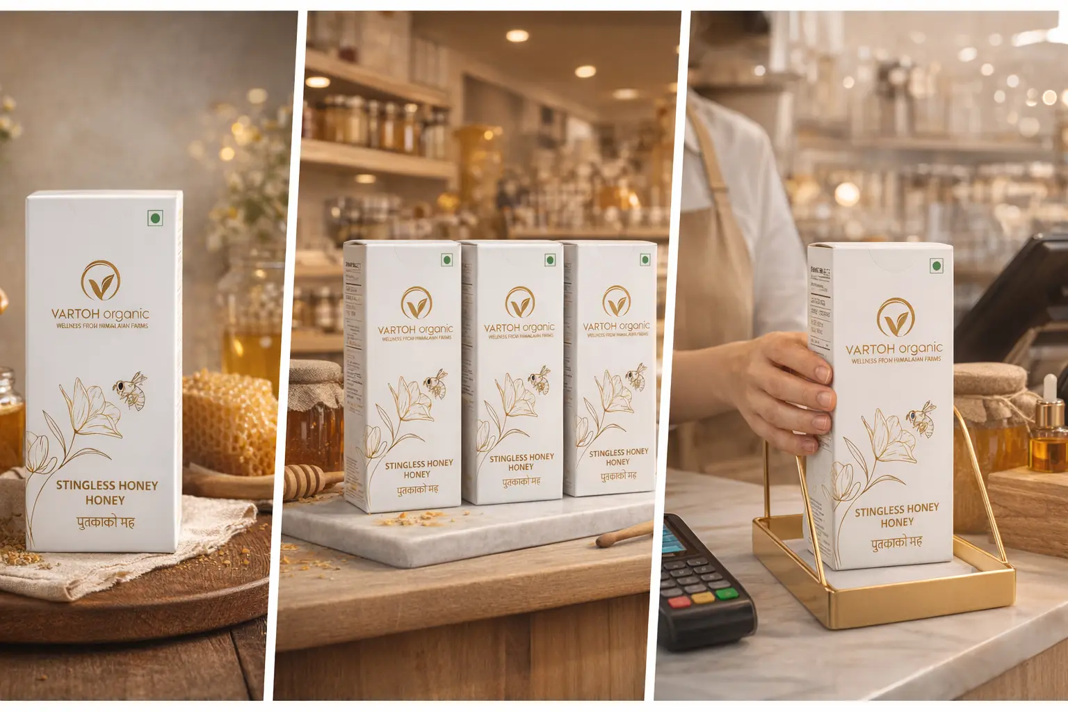 A three-panel collage of VARTOH organic "Stingless Honey" packaging, featuring tall white boxes with gold line-art illustrations of flowers and bees, shown in rustic and retail settings.