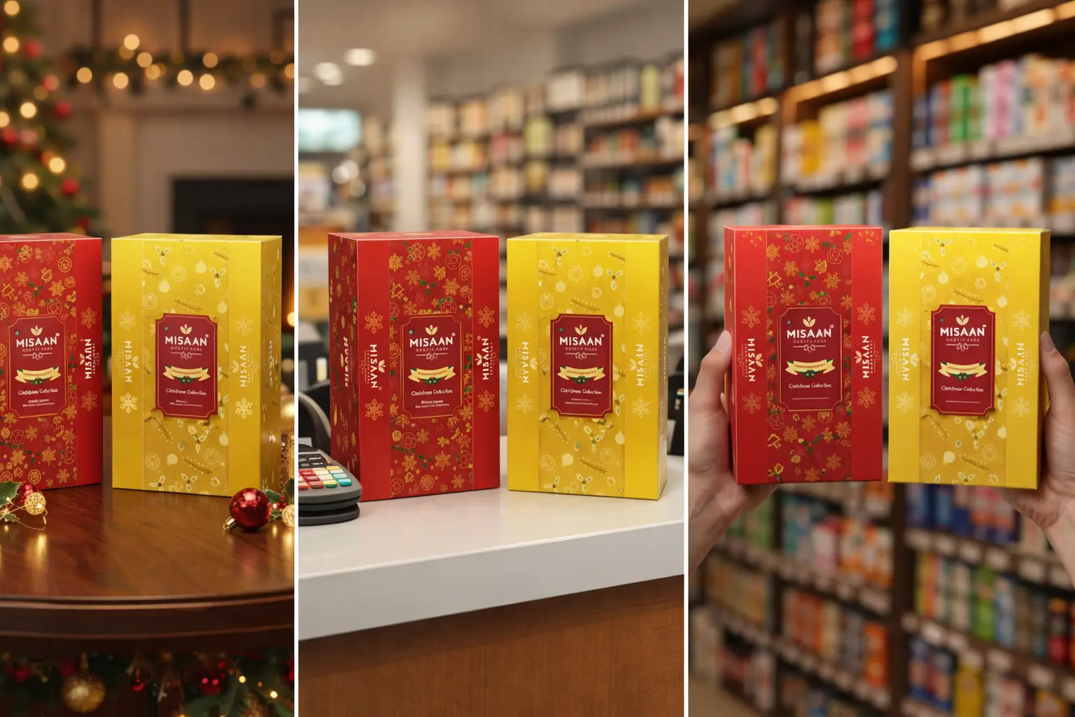 A three-panel collage showcasing MISAAN Christmas Coffee Collection boxes in vibrant red and yellow, featuring festive gold snowflake and ornament patterns in holiday and retail settings.